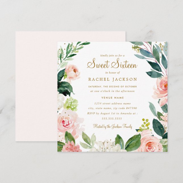 Watercolor Blush Gold Floral Sweet Sixteen Invite (Front/Back)