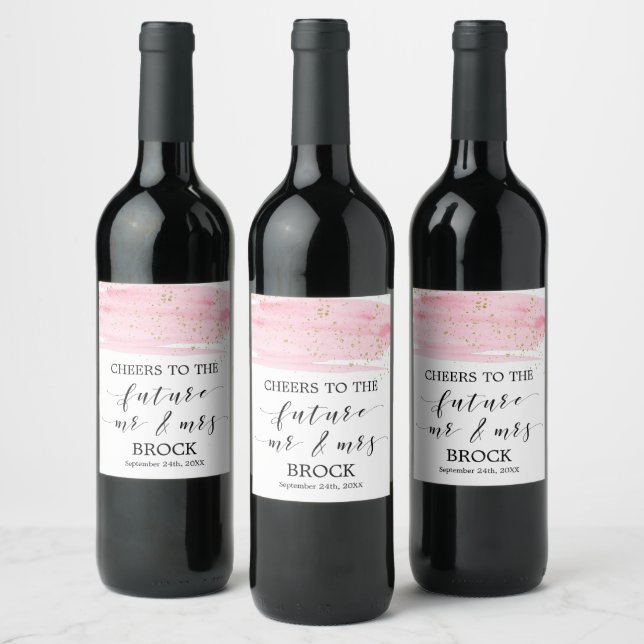 Watercolor Blush & Gold Future Mr & Mrs Engagement Wine Label (Bottles)