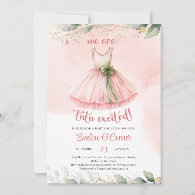 Watercolor blush gold green eucalyptus tutu dress invitation (Front)