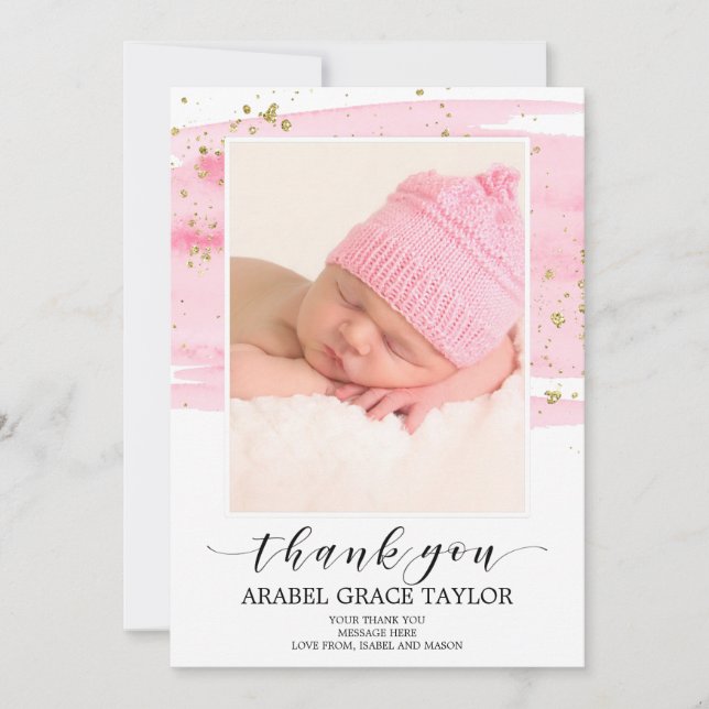 Watercolor Blush & Gold Photo Thank You Card (Front)