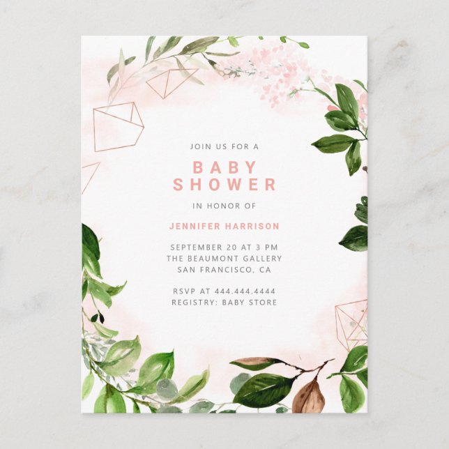 Watercolor Blush & Greenery Baby Shower Invitation Postcard (Front)
