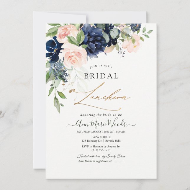 Watercolor Blush Navy Blue Flowers Bridal Lunchoen Invitation (Front)