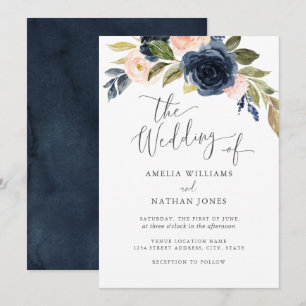Watercolor Blush Navy Flower Wreath Wedding Invitation