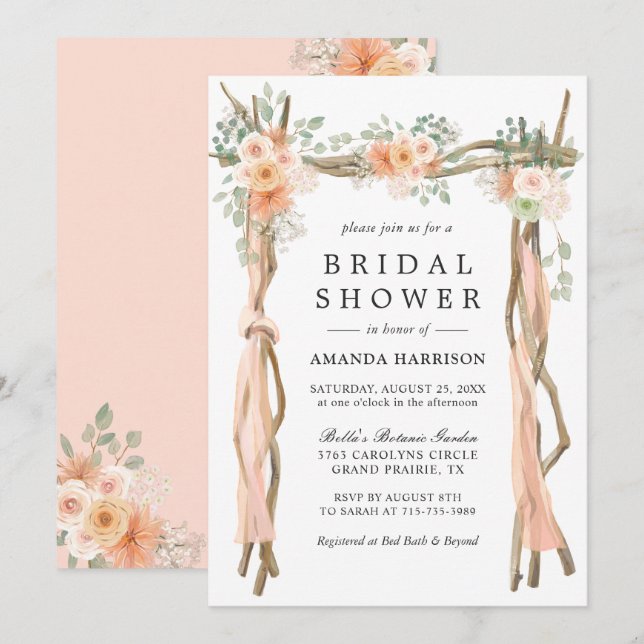 Watercolor Blush Peach Floral Arch Bridal Shower Invitation (Front/Back)