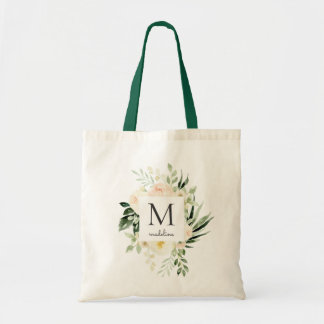 Watercolor Blush Peach Floral Greenery Monogram Tote Bag