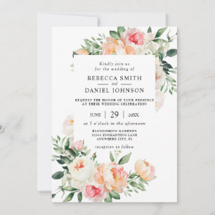 Watercolor Blush Peach Flowers & Greenery Wedding Invitation
