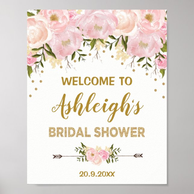 Watercolor Blush Peonies Bridal Shower Welcome Poster (Front)