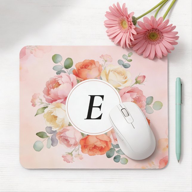 Watercolor Blush Peonies Monogrammed Mouse Pad (Creator Uploaded)