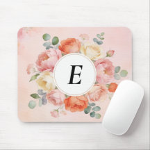 Watercolor Blush Peonies Monogrammed Mouse Pad