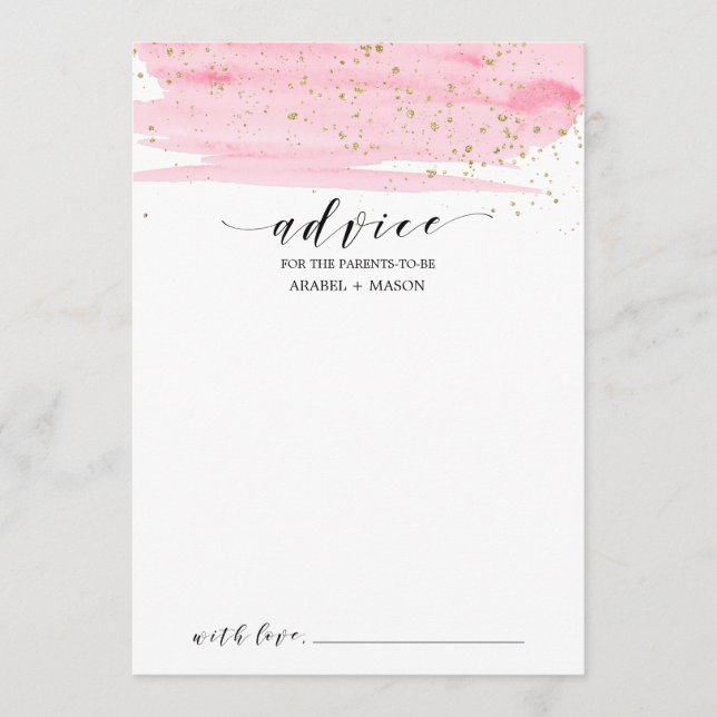 Watercolor Blush Pink and Gold Baby Shower Advice Card (Front)