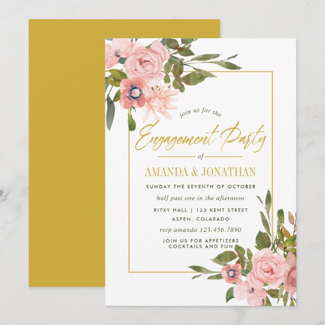 Watercolor Blush Pink and Gold Engagement Party Invitation (Front/Back)
