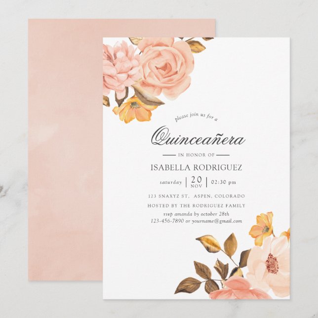 Watercolor Blush Pink and Gold Floral Quinceañera Invitation (Front/Back)