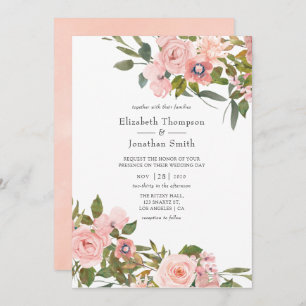 Watercolor Blush Pink and Rose Gold Roses Wedding Invitation