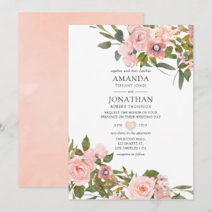 Watercolor Blush Pink and Rose Gold Roses Wedding Invitation