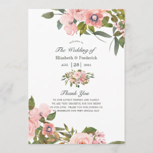 Watercolor Blush Pink and Rose Gold Roses Wedding Programme