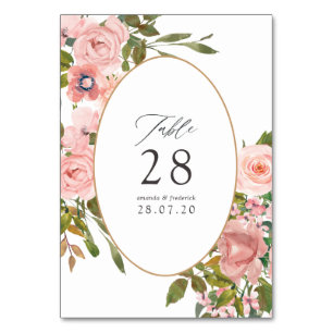 Watercolor Blush Pink and Rose Gold Roses Wedding Table Number