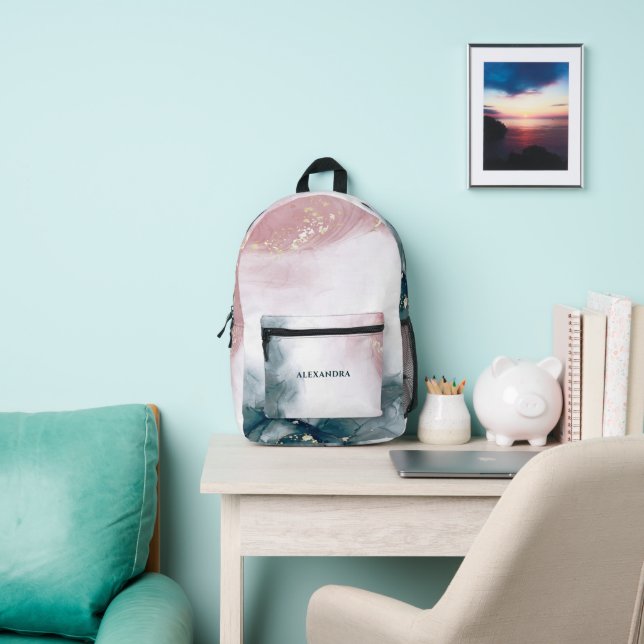 Watercolor Blush Pink Blue Alcohol Ink Printed Backpack (Insitu)