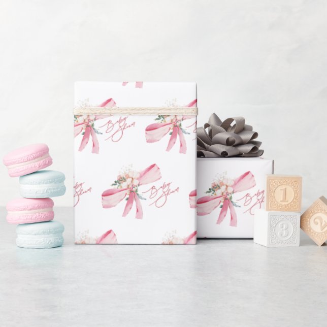 Watercolor Blush Pink Bow Baby Shower Wrapping Paper (Baby Shower)