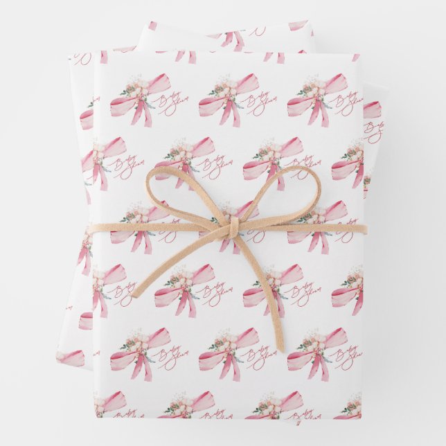 Watercolor Blush Pink Bow Baby Shower Wrapping Paper Sheet (In situ)