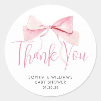 Watercolor Blush Pink Bow Ribbon Girl Baby Shower Classic Round Sticker