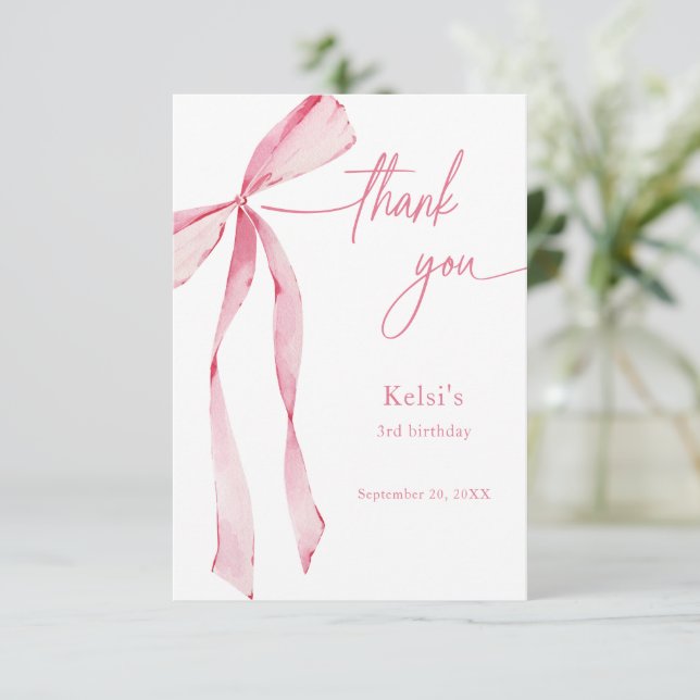 Watercolor Blush Pink Bow Thank You Card (Standing Front)