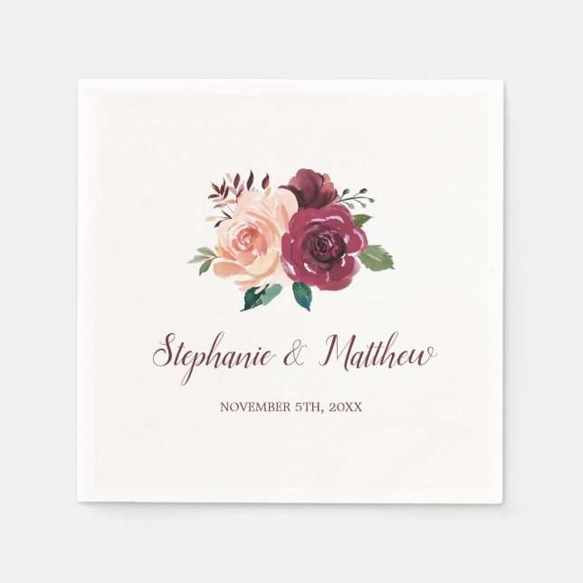 Watercolor Blush Pink Burgundy Rose Floral Wedding Napkin (Front)