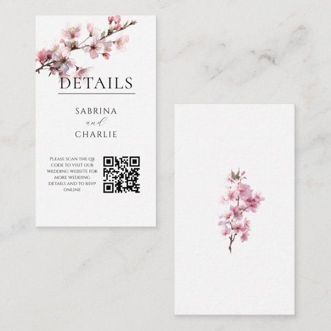 Watercolor Blush Pink Cherry Blossom QR Code Enclosure Card (Front/Back)