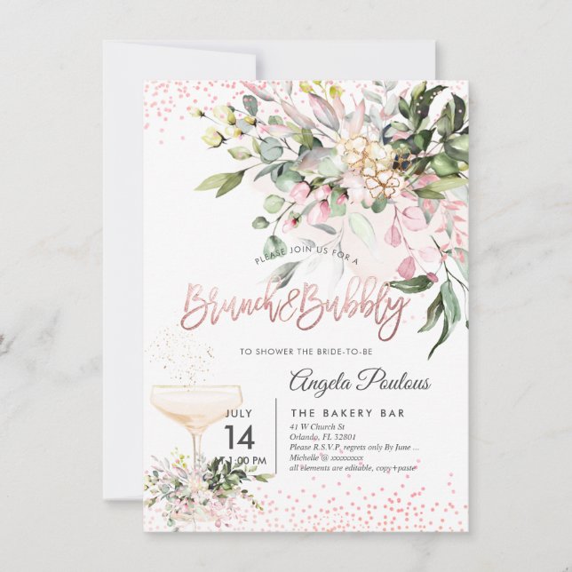 Watercolor Blush Pink Eucalyptus Brunch Bubbly Invitation (Front)