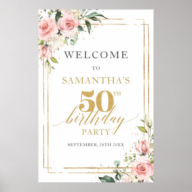Watercolor blush pink floral 50th birthday welcome poster (Front)