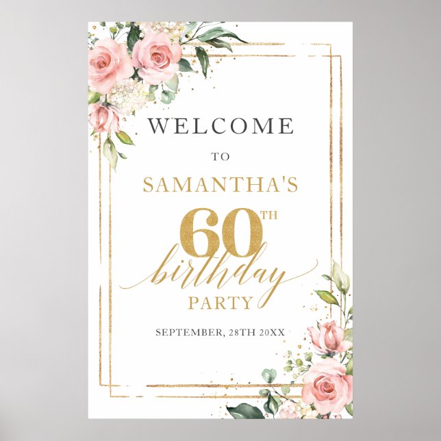Watercolor blush pink floral 60th birthday welcome poster (Front)