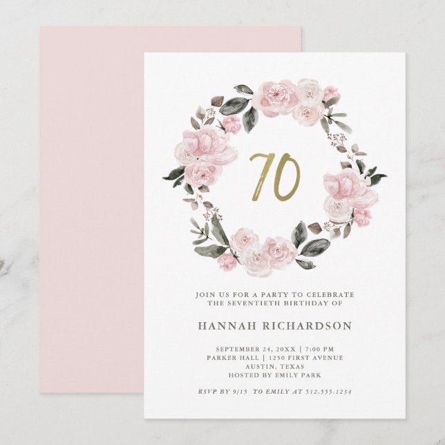Watercolor Blush Pink Floral | 70th Birthday Invitation (Front/Back)