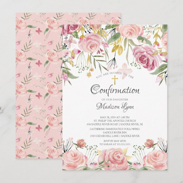 Watercolor Blush Pink Floral Confirmation Invitation (Front/Back)