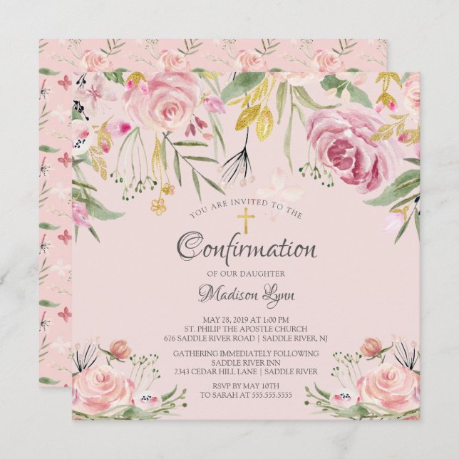 Watercolor Blush Pink Floral Confirmation Invitation (Front/Back)