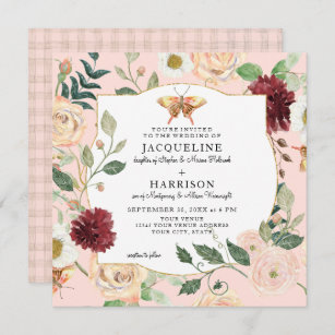 Watercolor Blush Pink Floral Coral Rose Butterfly Invitation