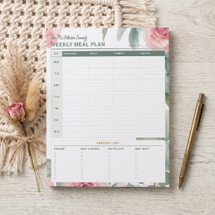 Watercolor Blush Pink Floral Family Meal Planner Notepad