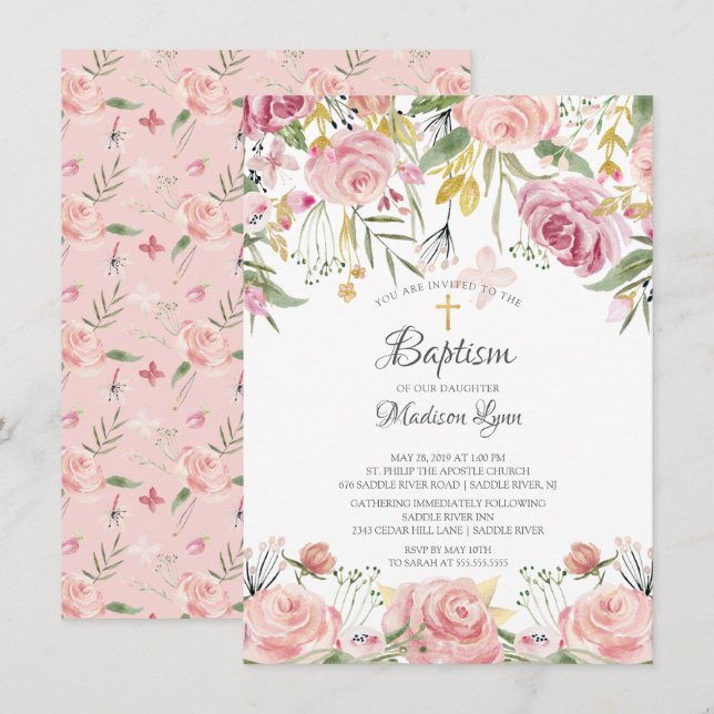 Watercolor Blush Pink Floral Girl Baptism Invitation (Front/Back)