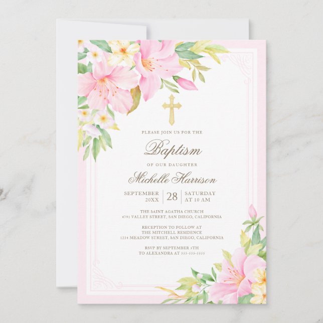 Watercolor Blush Pink Floral Girl Baptism Invitation (Front)