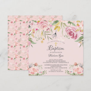 Watercolor Blush Pink Floral Girl Baptism Invitation