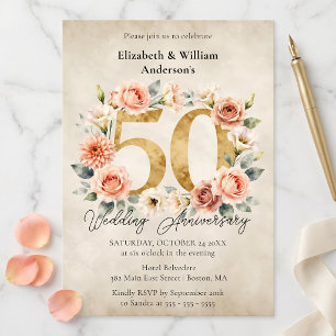 Watercolor Blush Pink Floral Gold 50th Anniversary Invitation