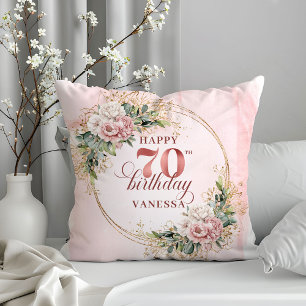 Watercolor Blush Pink Floral Pillow 70th Birthday 