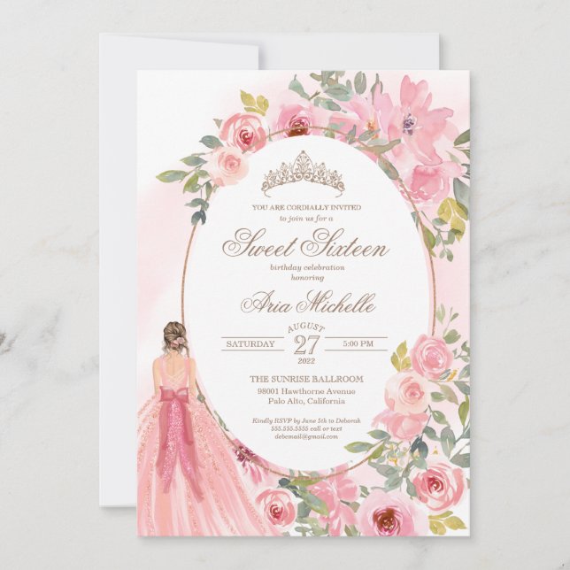 Watercolor Blush Pink Floral Sweet 16 Birthday Invitation (Front)
