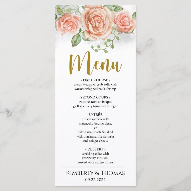 Watercolor Blush Pink Floral Wedding Dinner Menu (Front)