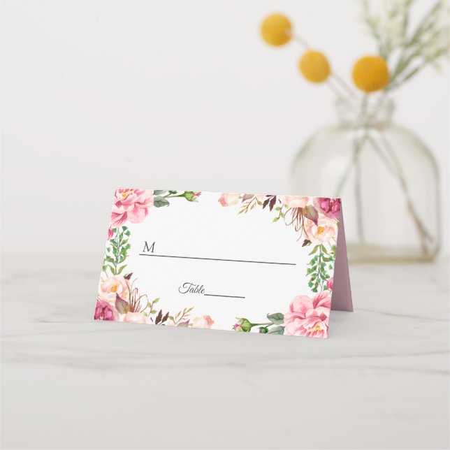 Watercolor Blush Pink Floral Wedding Table Place Card (Front)