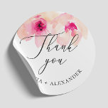 Watercolor blush pink floral wedding thank you  classic round sticker<br><div class="desc">Watercolor pastel blush pink floral wedding thank you sticker with elegant script. Suitable for botanical garden theme.</div>