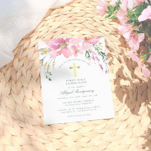 Watercolor Blush Pink Flowers First Holy Communion Invitation Postcard