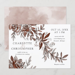watercolor blush pink flowers horizontal wedding invitation