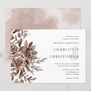 watercolor blush pink flowers horizontal wedding invitation