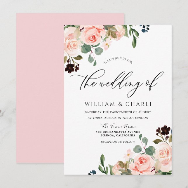 Watercolor Blush Pink Flowers Spring Wedding Invitation (Front/Back)