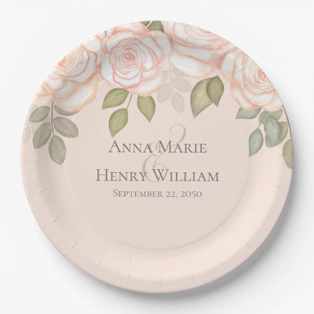 Watercolor Blush Pink Flowers Wedding Party Paper Plate (Front)