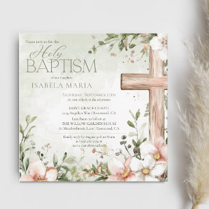 Watercolor blush pink flowers wooden cross baptism invitation